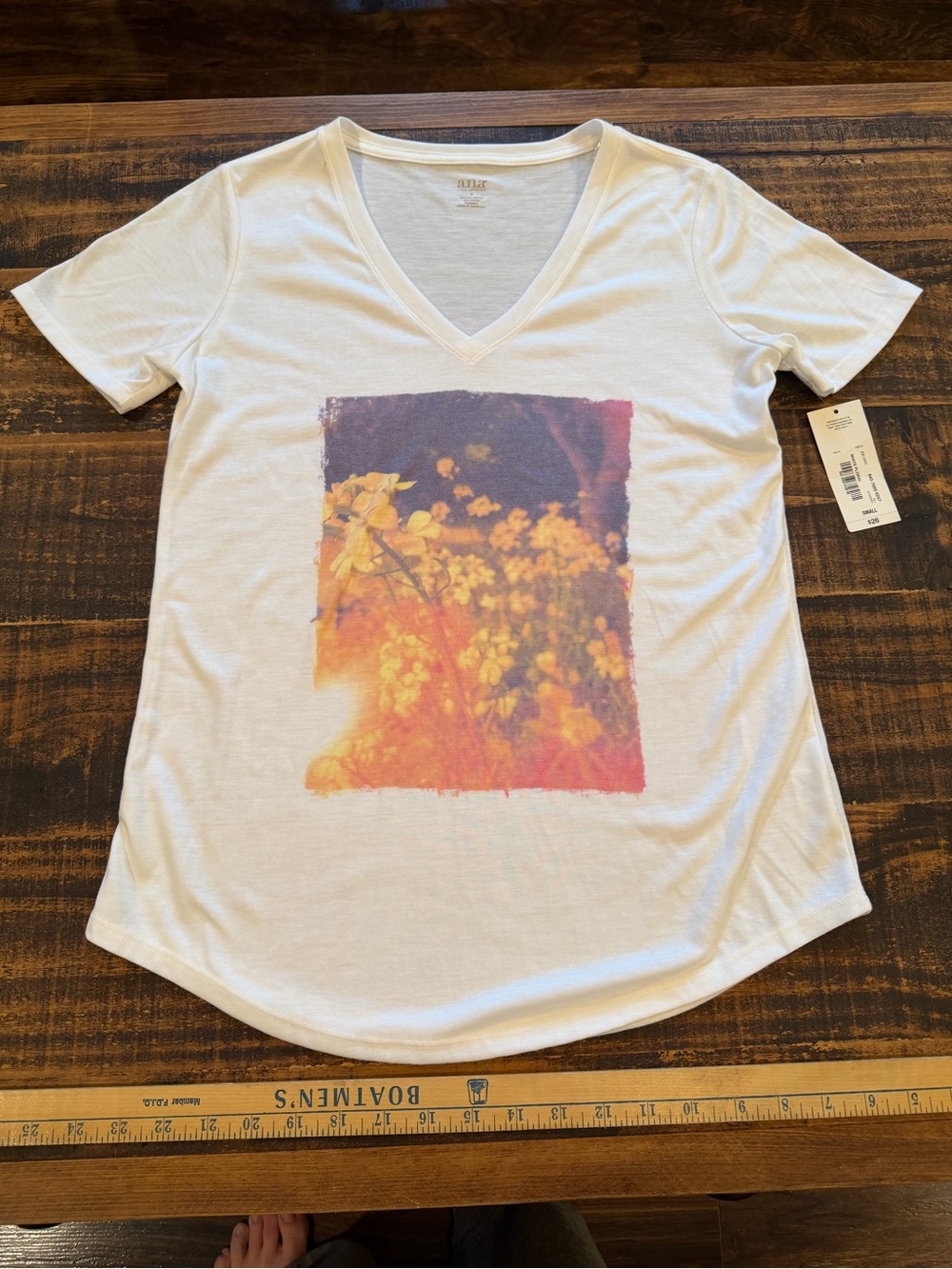 Graphic White V-Neck Tee with Yellow and Orange Floral Photo Block
